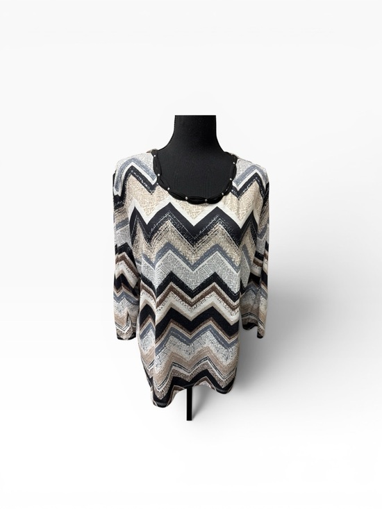 Alfred Dunner Tops - Alfred Dunner Chevron Print Top L Studded Neck 3/4 Sleeve Stretch Blouse